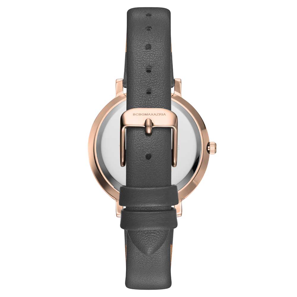BCBGMAXAZRIA QUARTZ ROSE GOLD STAINLESS STEEL BG50665004 GREY LEATHER STRAP WOMEN'S WATCH - H2 Hub Watches