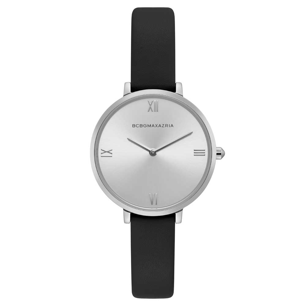 BCBGMAXAZRIA QUARTZ SILVER STAINLESS STEEL BG50668001 BLACK LEATHER STRAP WOMEN'S WATCH - H2 Hub Watches