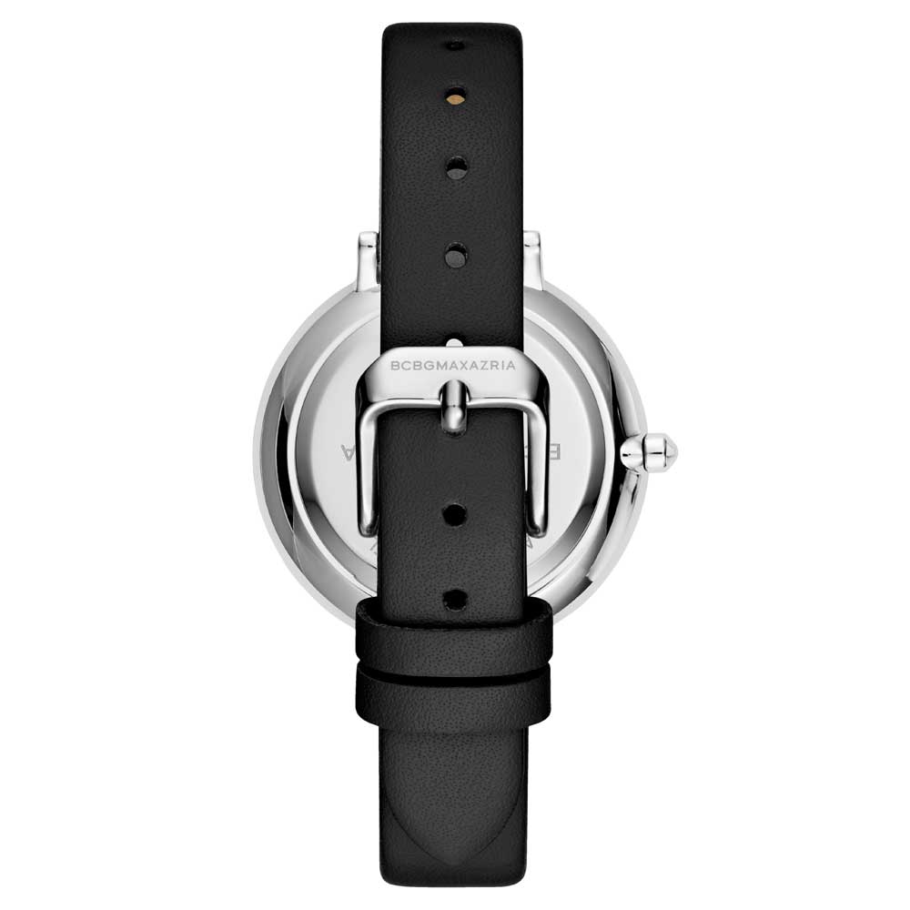 BCBGMAXAZRIA QUARTZ SILVER STAINLESS STEEL BG50668001 BLACK LEATHER STRAP WOMEN'S WATCH - H2 Hub Watches