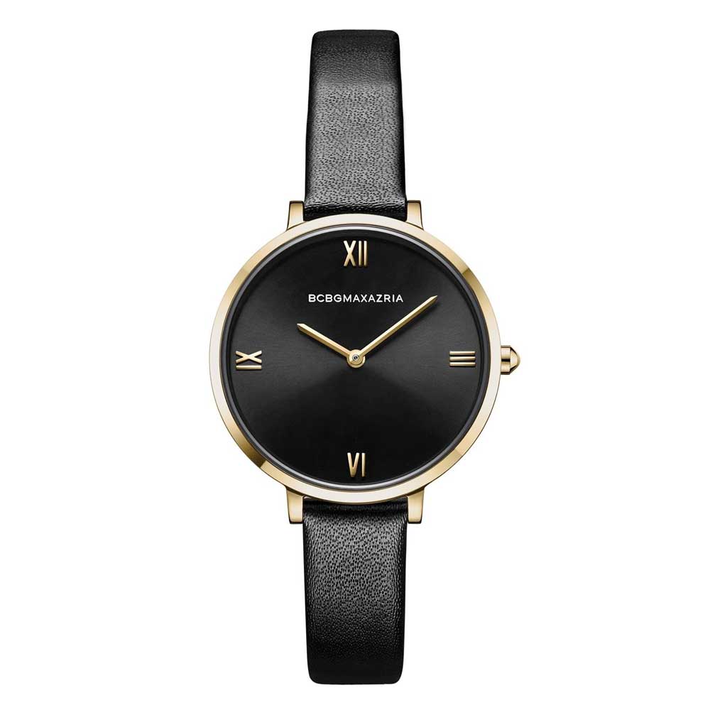 BCBGMAXAZRIA QUARTZ ROSE GOLD STAINLESS STEEL BG50668003 BLACK LEATHER STRAP WOMEN'S WATCH - H2 Hub Watches
