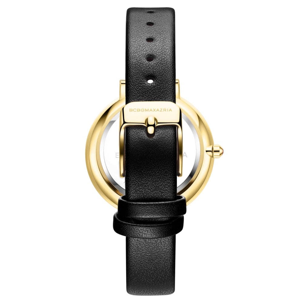BCBGMAXAZRIA QUARTZ ROSE GOLD STAINLESS STEEL BG50668003 BLACK LEATHER STRAP WOMEN'S WATCH - H2 Hub Watches