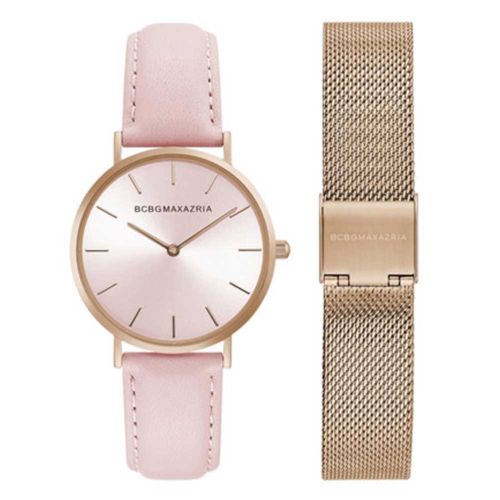 BCBGMAXAZRIA QUARTZ GOLD STAINLESS STEEL BG50669002 PINK LEATHER STRAP WOMEN'S WATCH - H2 Hub Watches