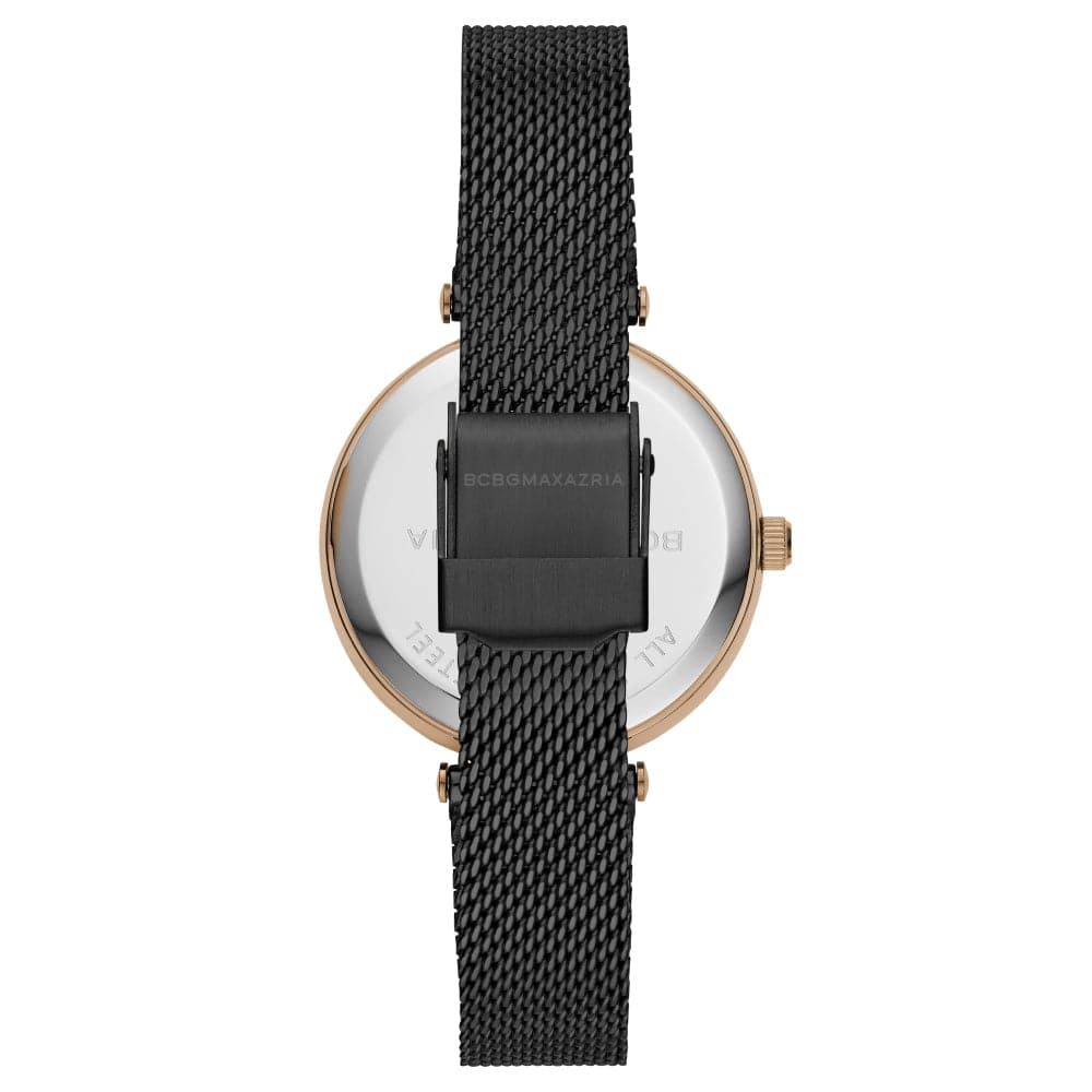 BCBGMAXAZRIA QUARTZ ROSE GOLD STAINLESS STEEL BG50671004 BLACK MESH STRAP WOMEN'S WATCH - H2 Hub Watches