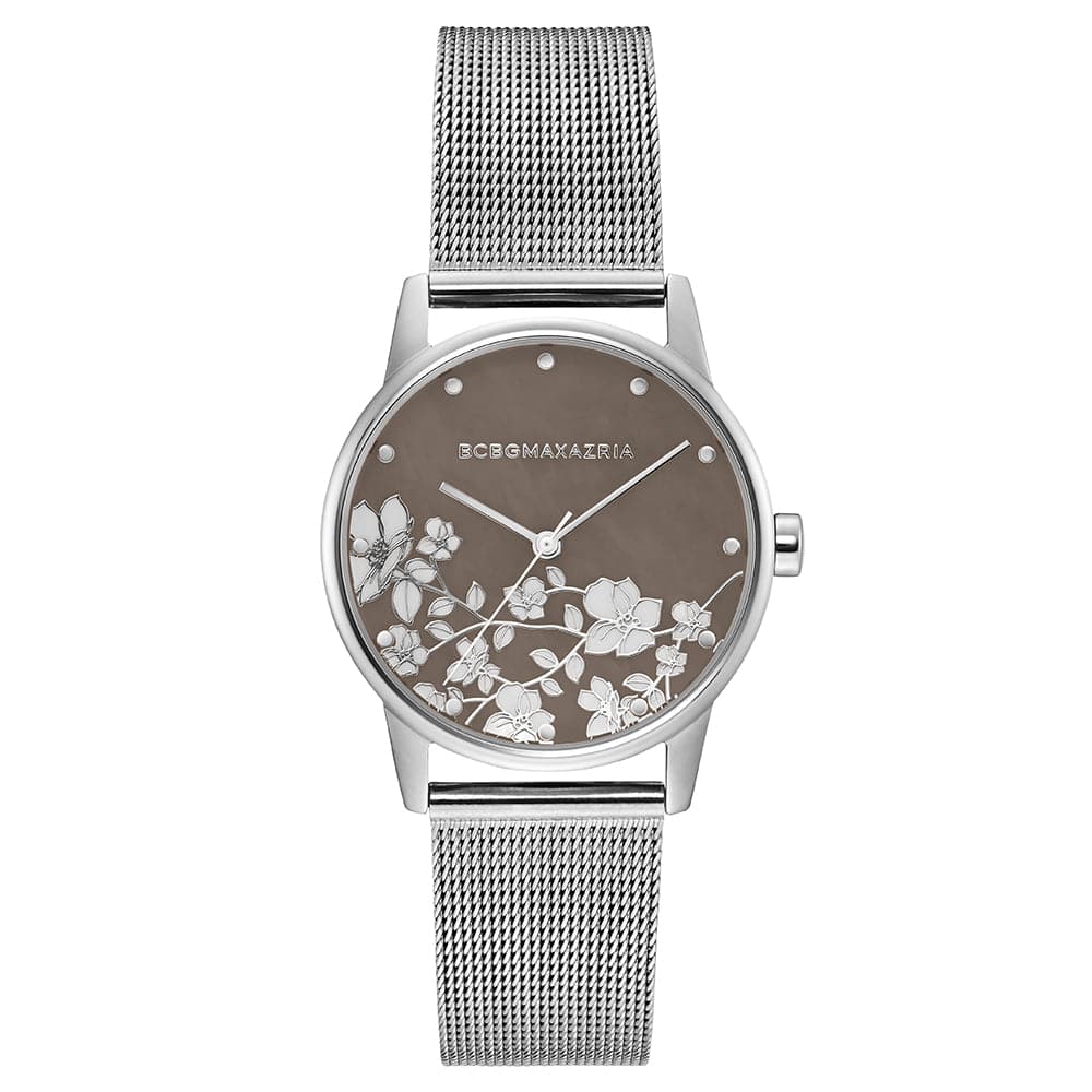 BCBGMAXAZRIA QUARTZ FLORAL SILVER MESH BG50827003 WOMEN'S WATCH - H2 Hub Watches
