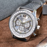 Citizen Eco-Drive Chronograph White Dial Gray Leather Strap Men Watch CA4500-24H