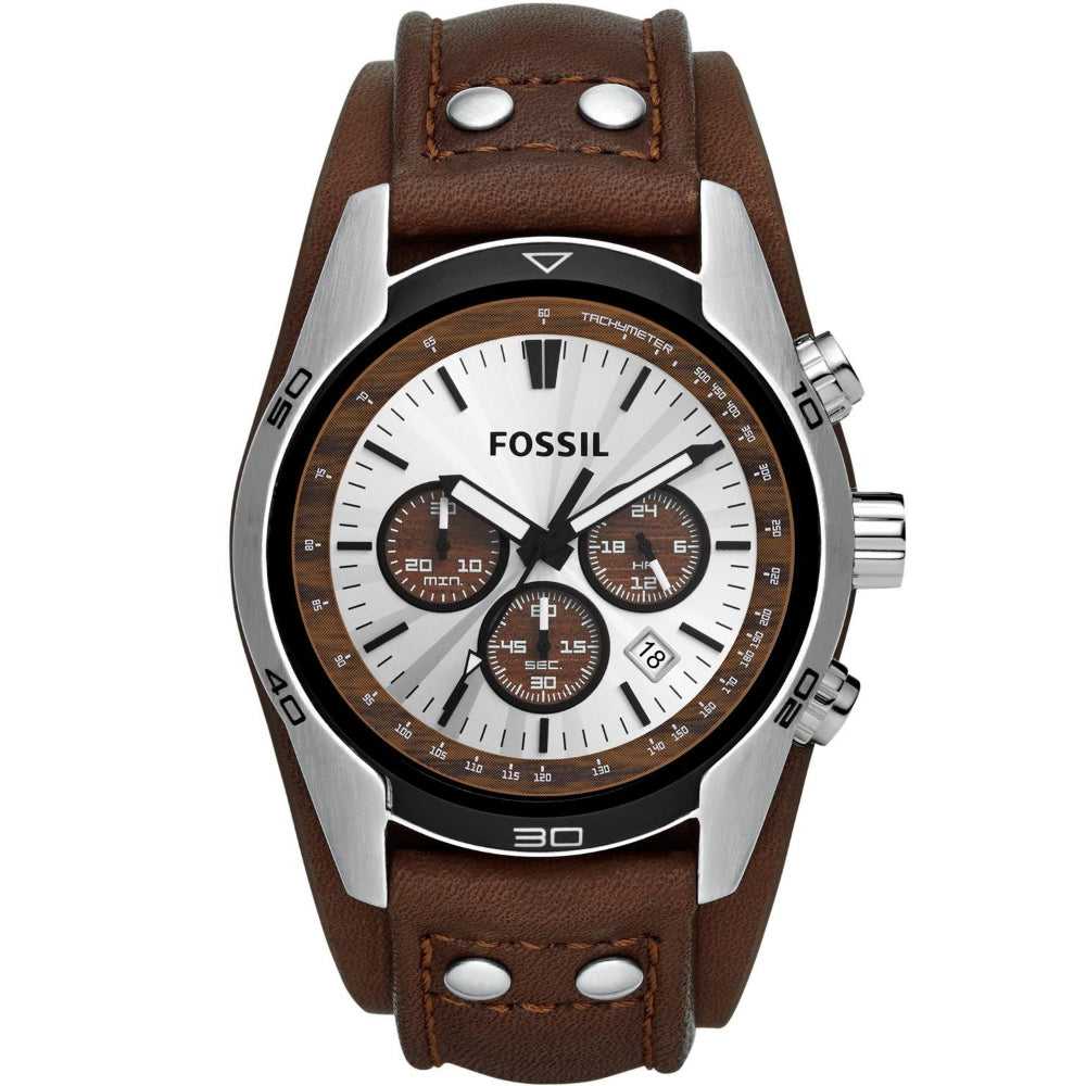 FOSSIL COACHMAN CHRONOGRAPH SILVER STAINLESS STEEL CH2565 BROWN LEATHER STRAP MEN'S WATCH - H2 Hub Watches