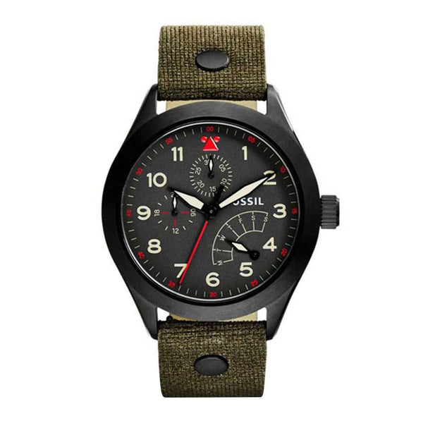 FOSSIL AEROFLITE ANALOG QUARTZ BLACK STAINLESS STEEL CH2941 OLIVE LEATHER STRAP MEN'S WATCH - H2 Hub Watches
