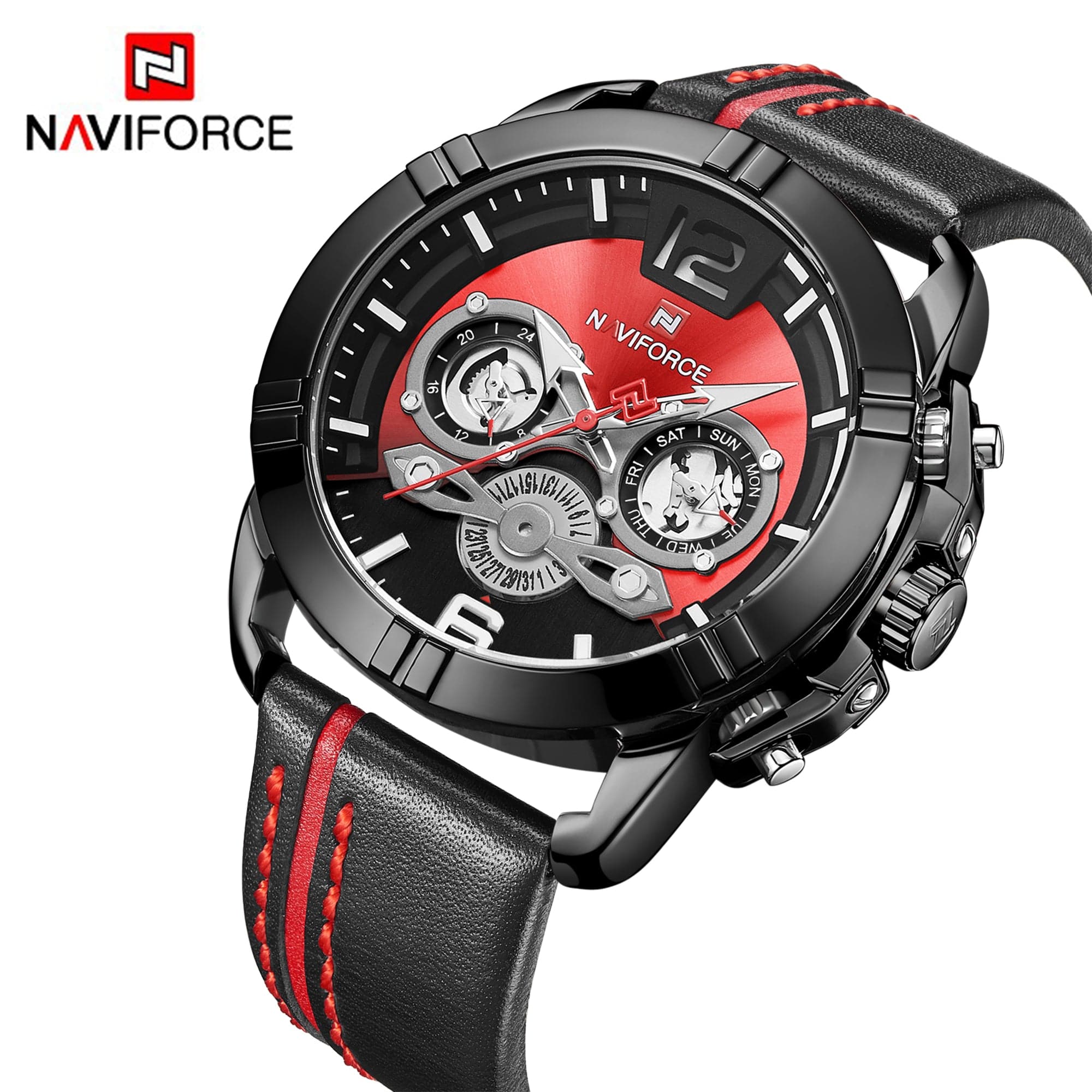 NAVIFORCE ANALOG NF9168 B/R/B STAINLESS STEEL CHRONOGRAPH QUARTZ MEN'S WATCH - H2 Hub Watches