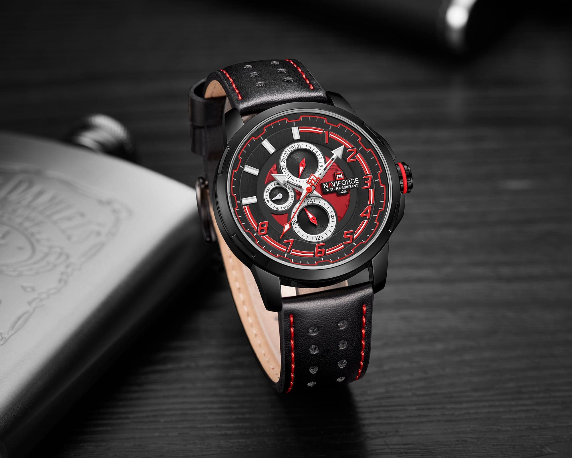NAVIFORCE ANALOG NF9142 B/R/B QUARTZ MEN'S WATCH - H2 Hub Watches