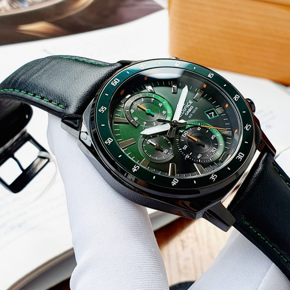 Casio Edifice Green Dial Chronograph Blue Leather Strap Men Watch