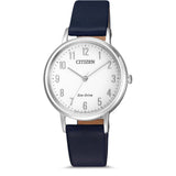 CITIZEN EM0571-16A ECO- DRIVE SILVER STAINLESS STEEL BLUE LEATHER STRAP WOMEN'S WATCH