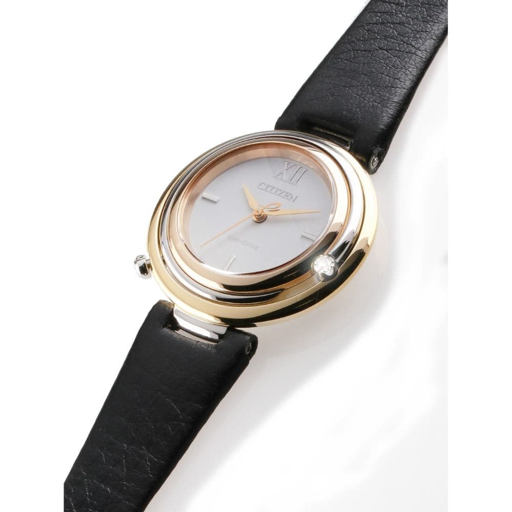 CITIZEN EM0656-15A L ECO-DRIVE TWO TONE STAINLESS STEEL BLACK LEATHER STRAP WOMEN'S WATCH - H2 Hub Watches