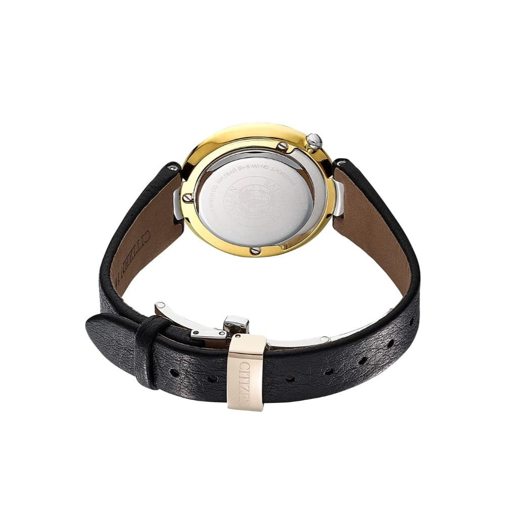 CITIZEN EM0656-15A L ECO-DRIVE TWO TONE STAINLESS STEEL BLACK LEATHER STRAP WOMEN'S WATCH - H2 Hub Watches