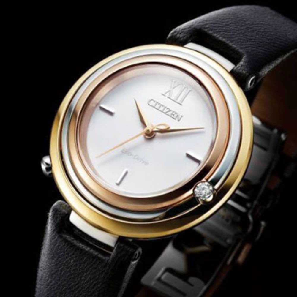 CITIZEN EM0656-15A L ECO-DRIVE TWO TONE STAINLESS STEEL BLACK LEATHER STRAP WOMEN'S WATCH - H2 Hub Watches