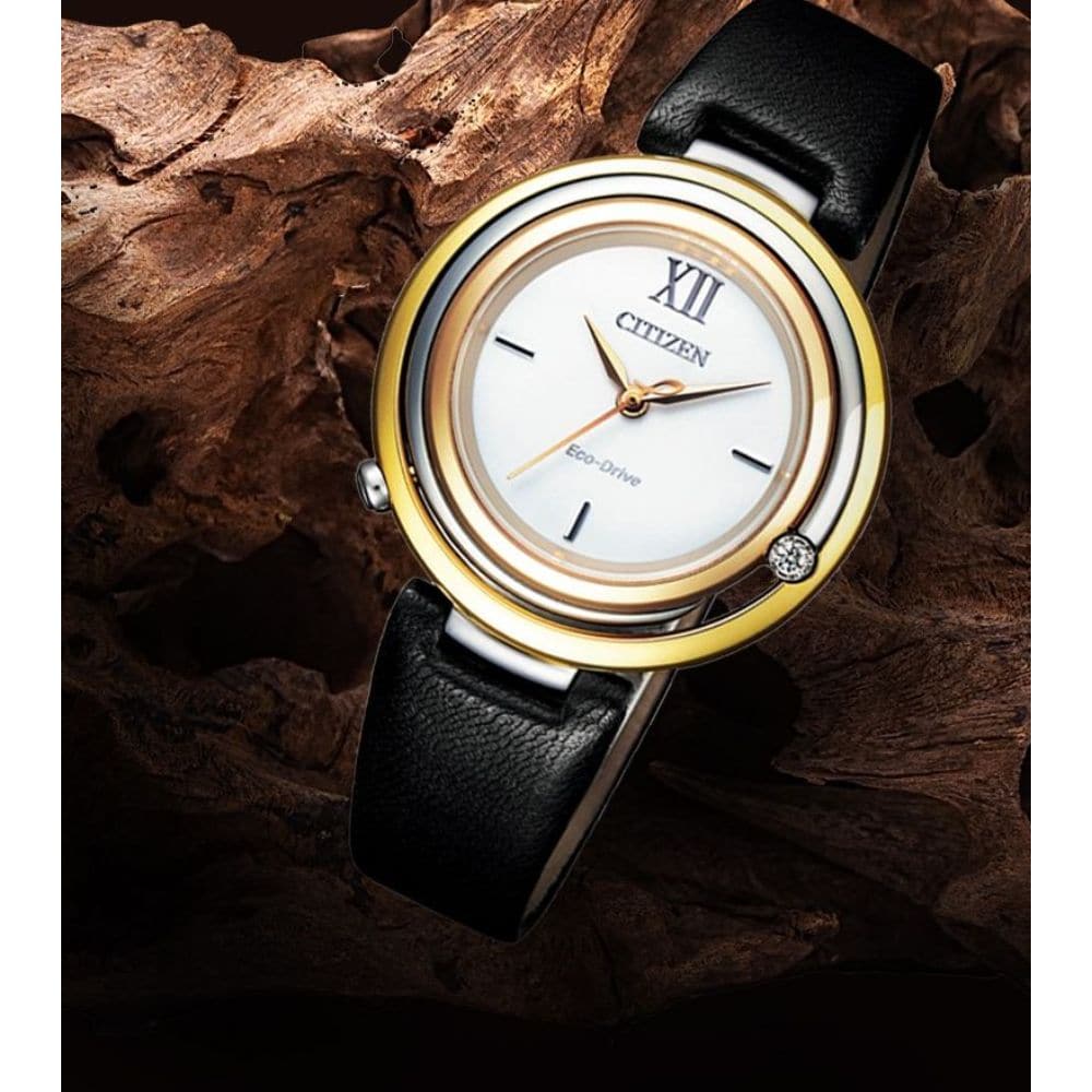 CITIZEN EM0656-15A L ECO-DRIVE TWO TONE STAINLESS STEEL BLACK LEATHER STRAP WOMEN'S WATCH - H2 Hub Watches