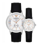 EMPORIO ARMANI ANALOG QUARTZ SILVER STAINLESS STEEL AR9113 BLACK LEATHER STRAP WATCH SET - H2 Hub Watches