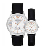 EMPORIO ARMANI ANALOG QUARTZ SILVER STAINLESS STEEL AR9113 BLACK LEATHER STRAP WATCH SET - H2 Hub Watches