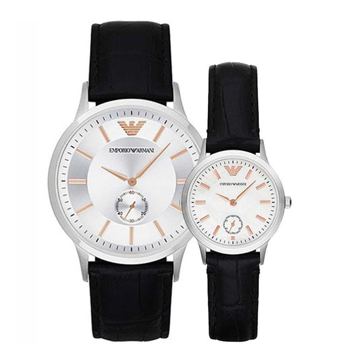 EMPORIO ARMANI ANALOG QUARTZ SILVER STAINLESS STEEL AR9113 BLACK LEATHER STRAP WATCH SET - H2 Hub Watches