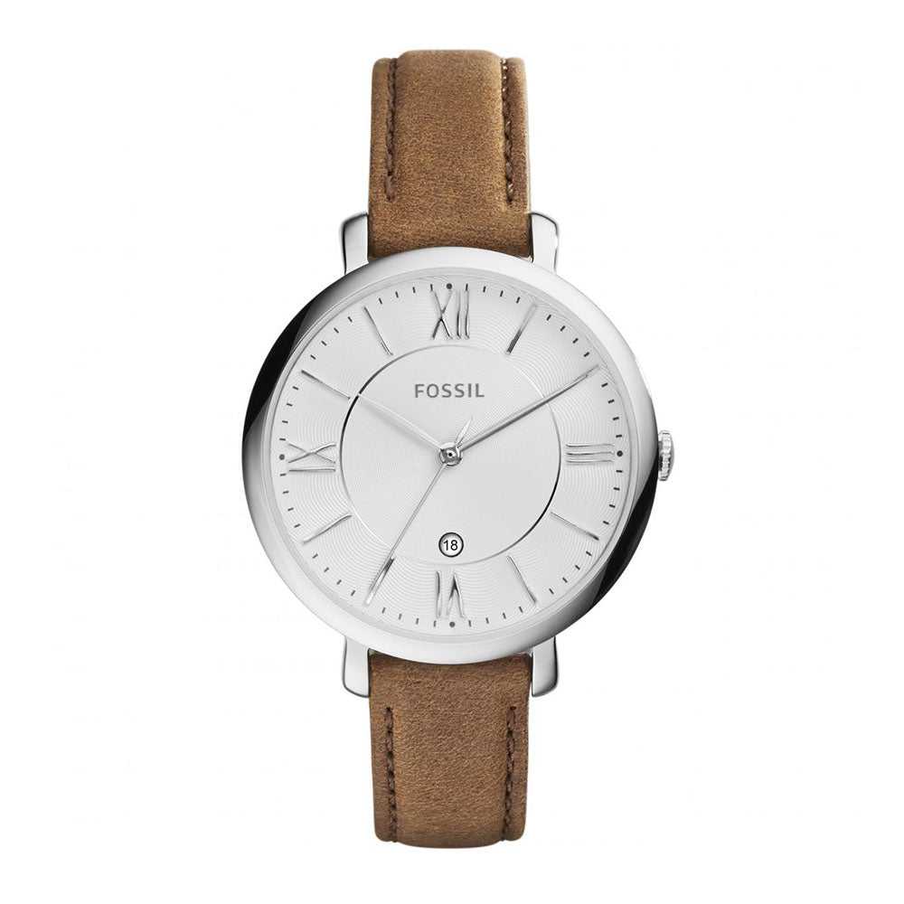 FOSSIL JACQUELINE ANALOG QUARTZ SILVER STAINLESS STEEL ES3708 BROWN LEATHER STRAP WOMEN'S WATCH - H2 Hub Watches