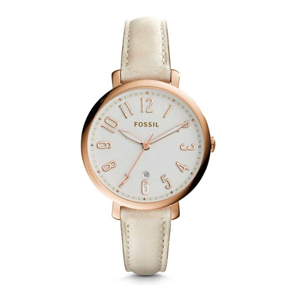 FOSSIL JACQUELINE ANALOG QUARTZ ROSE GOLD STAINLESS STEEL ES3943 BEIGE LEATHER STRAP WOMEN'S WATCH - H2 Hub Watches