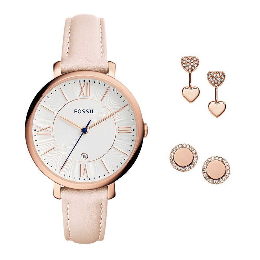 FOSSIL JACQUELINE ANALOG QUARTZ ROSE GOLD STAINLESS STEEL ES4202SET PINK LEATHER STRAP WOMEN'S WATCH - H2 Hub Watches
