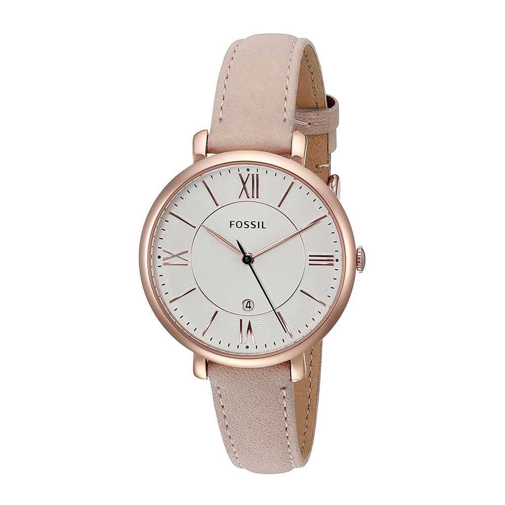 FOSSIL JACQUELINE ANALOG QUARTZ ROSE GOLD STAINLESS STEEL ES4202SET PINK LEATHER STRAP WOMEN'S WATCH - H2 Hub Watches