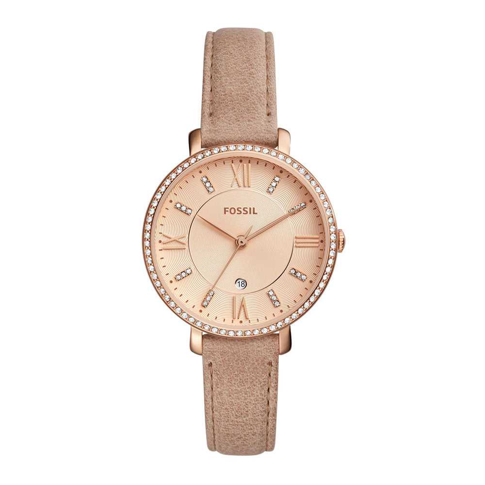 FOSSIL JACQUELINE ANALOG QUARTZ ROSE GOLD STAINLESS STEEL ES4292 SAND LEATHER STRAP WOMEN'S WATCH - H2 Hub Watches