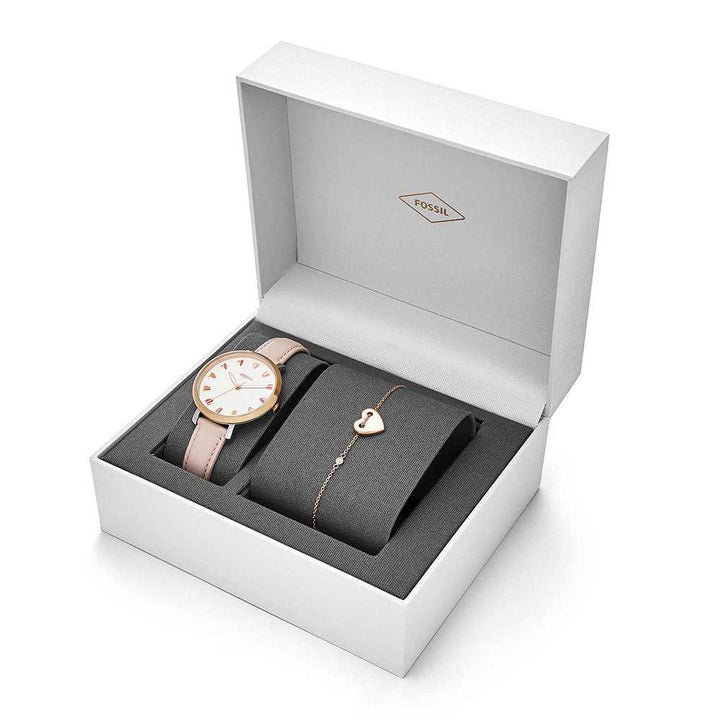 FOSSIL JACQUELINE ANALOG QUARTZ ROSE GOLD STAINLESS STEEL ES4351SET PINK LEATHER STRAP WOMEN'S WATCH - H2 Hub Watches