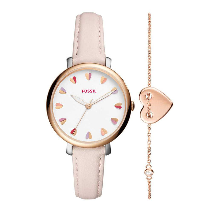 FOSSIL JACQUELINE ANALOG QUARTZ ROSE GOLD STAINLESS STEEL ES4351SET PINK LEATHER STRAP WOMEN'S WATCH - H2 Hub Watches