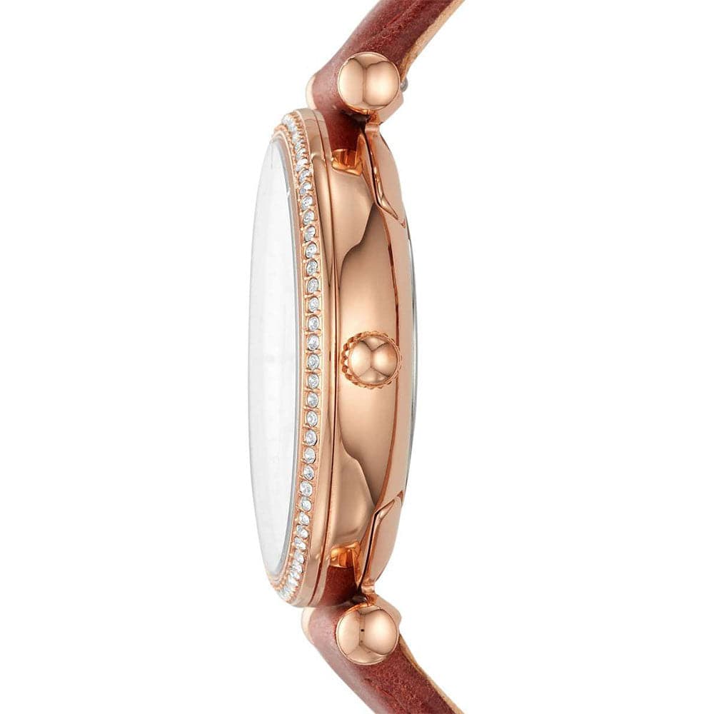 FOSSIL CARLIE ANALOG QUARTZ ROSE GOLD STAINLESS STEEL ES4428 BROWN LEA H2 Hub