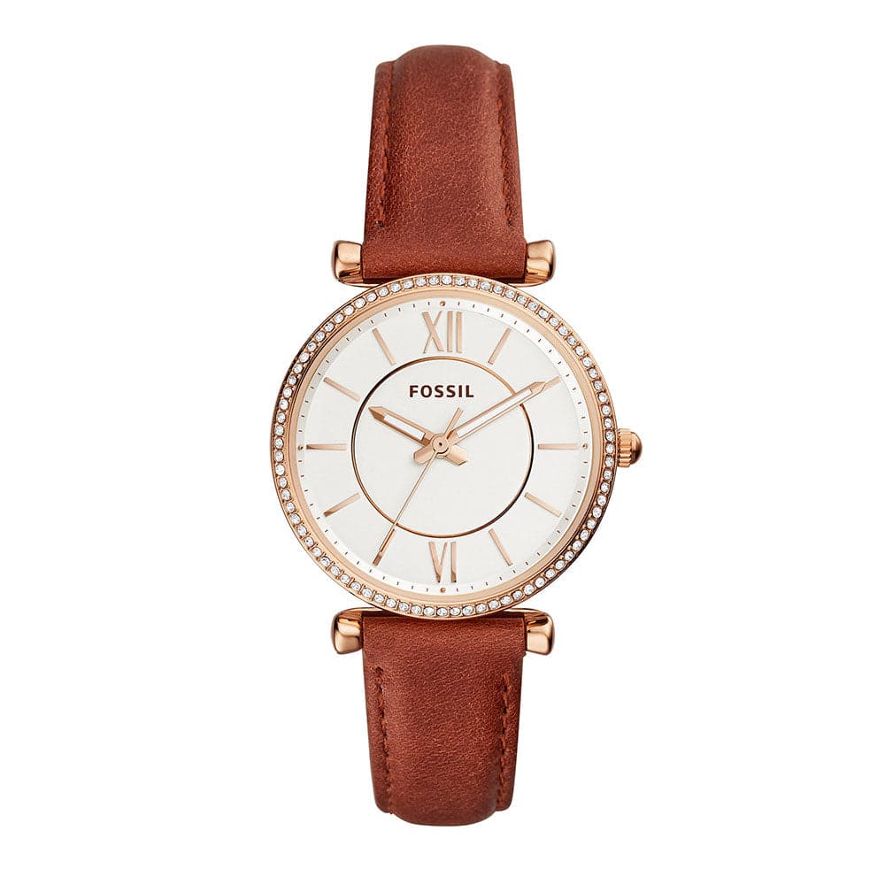 FOSSIL CARLIE ANALOG QUARTZ ROSE GOLD STAINLESS STEEL ES4428 BROWN LEATHER STRAP WOMEN'S WATCH - H2 Hub Watches