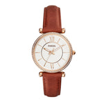FOSSIL CARLIE ANALOG QUARTZ ROSE GOLD STAINLESS STEEL ES4428 BROWN LEATHER STRAP WOMEN'S WATCH - H2 Hub Watches