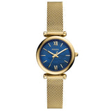 FOSSIL ES5020 CARLIE MINI GOLD BLUE DIAL STAINLESS STEEL MESH BAND WOMEN'S WATCH