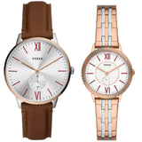 FOSSIL HIS AND HERS ES5176SET BROWN LEATHER & STAINLESS STEEL WATCH SET