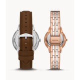 FOSSIL HIS AND HERS ES5176SET BROWN LEATHER & STAINLESS STEEL WATCH SET