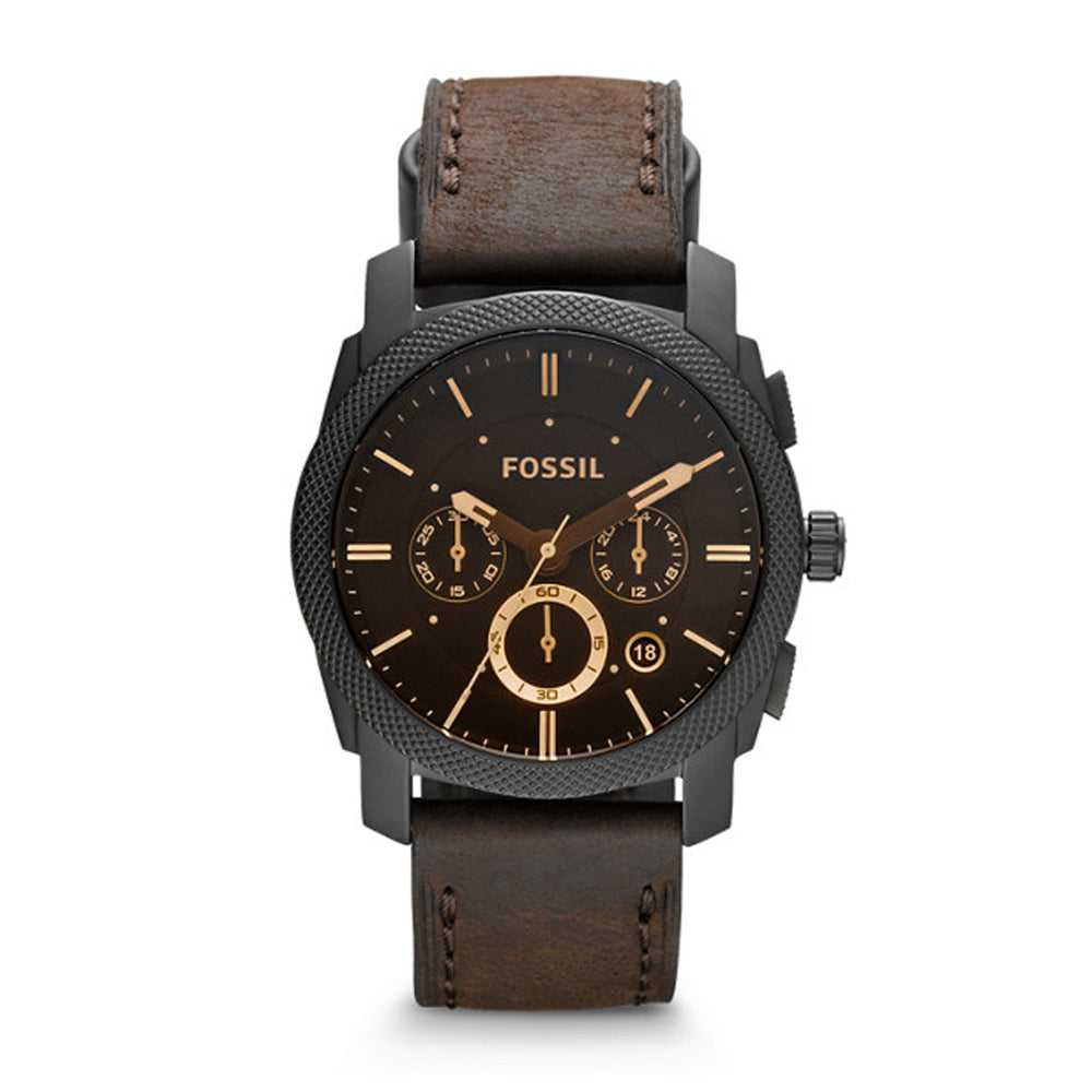 FOSSIL MACHINE CHRONOGRAPH BLACK STAINLESS STEEL FS4656 BROWN LEATHER STRAP MEN'S WATCH - H2 Hub Watches