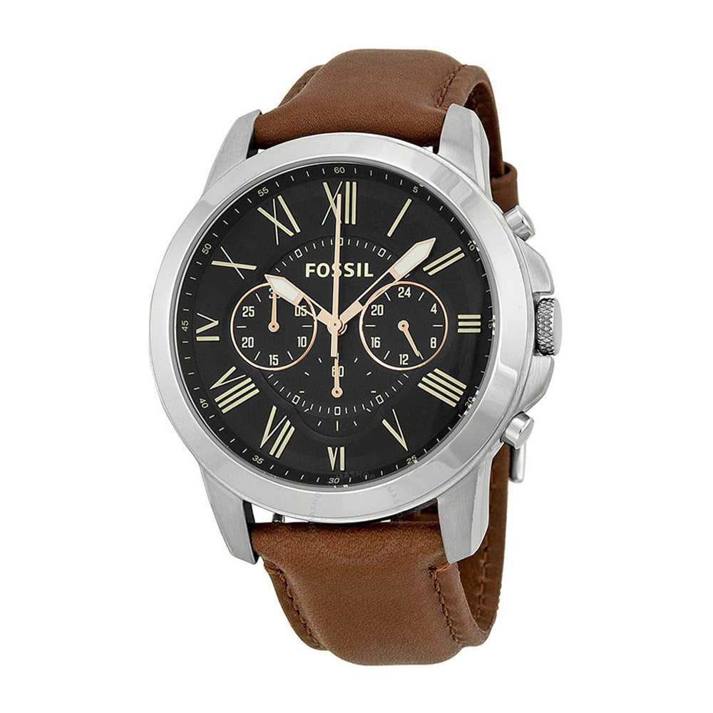 FOSSIL GRANT CHRONOGRAPH SILVER STAINLESS STEEL FS4813 BROWN LEATHER STRAP MEN'S WATCH - H2 Hub Watches