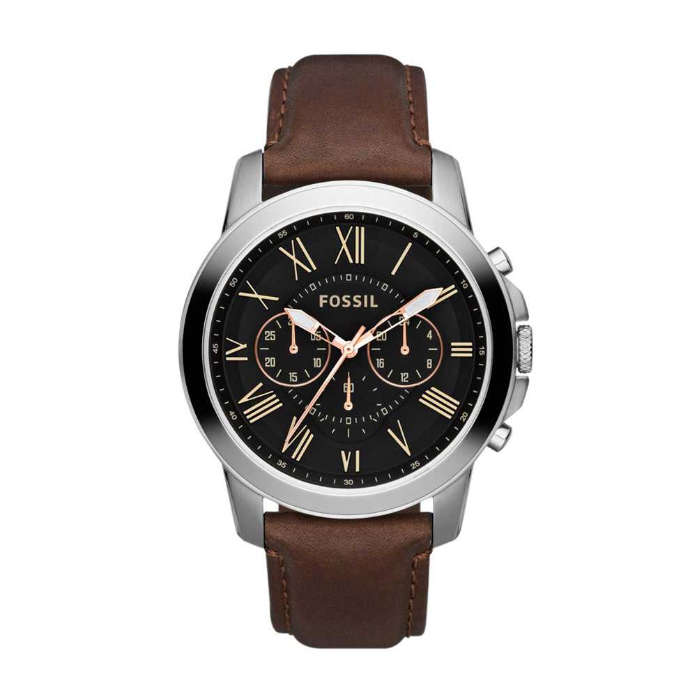 FOSSIL GRANT CHRONOGRAPH SILVER STAINLESS STEEL FS4813 BROWN LEATHER STRAP MEN'S WATCH - H2 Hub Watches