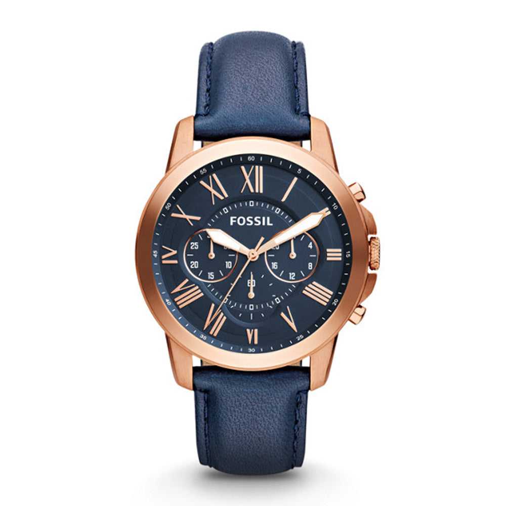 FOSSIL GRANT CHRONOGRAPH ROSE GOLD STAINLESS STEEL FS4835 BLUE LEATHER STRAP MEN'S WATCH - H2 Hub Watches