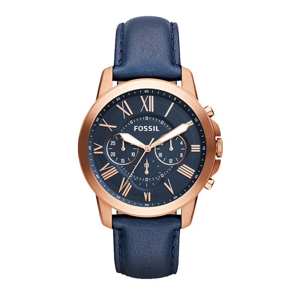 FOSSIL GRANT CHRONOGRAPH ROSE GOLD STAINLESS STEEL FS4835IE BLUE LEATHER STRAP MEN'S WATCH - H2 Hub Watches