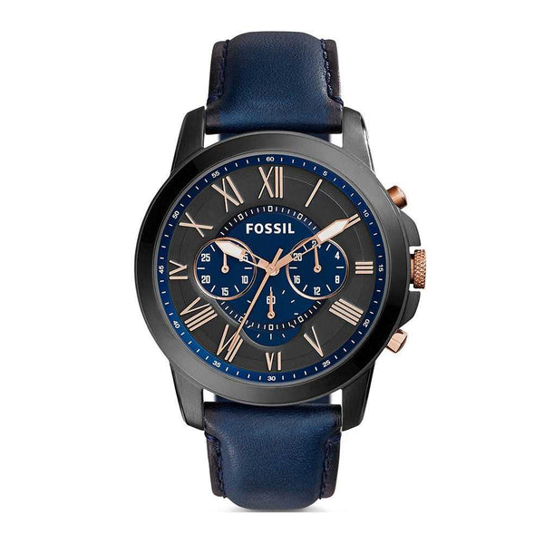 FOSSIL GRANT CHRONOGRAPH BLACK STAINLESS STEEL FS5061 BLUE LEATHER STRAP MEN'S WATCH - H2 Hub Watches