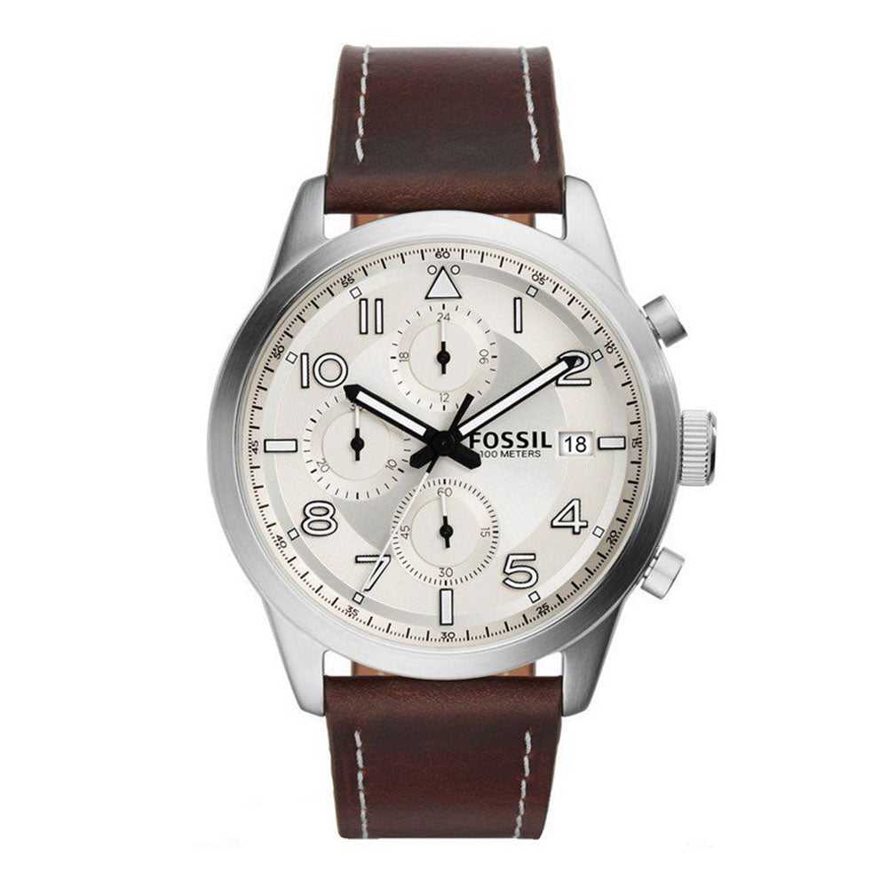 FOSSIL DAILY CHRONOGRAPH SILVER STAINLESS STEEL FS5138 BROWN LEATHER STRAP MEN'S WATCH - H2 Hub Watches