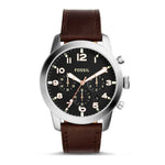 FOSSIL PILOT CHRONOGRAPH SILVER STAINLESS STEEL FS5143 BROWN LEATHER STRAP MEN'S WATCH - H2 Hub Watches
