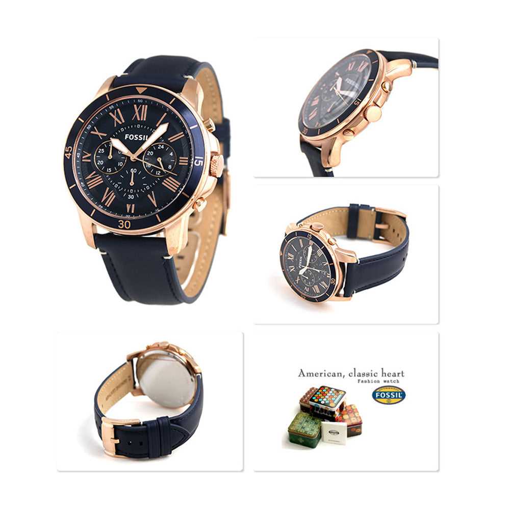 FOSSIL GRANT CHRONOGRAPH ROSE GOLD STAINLESS STEEL FS5237 BLUE LEATHER STRAP MEN'S WATCH - H2 Hub Watches