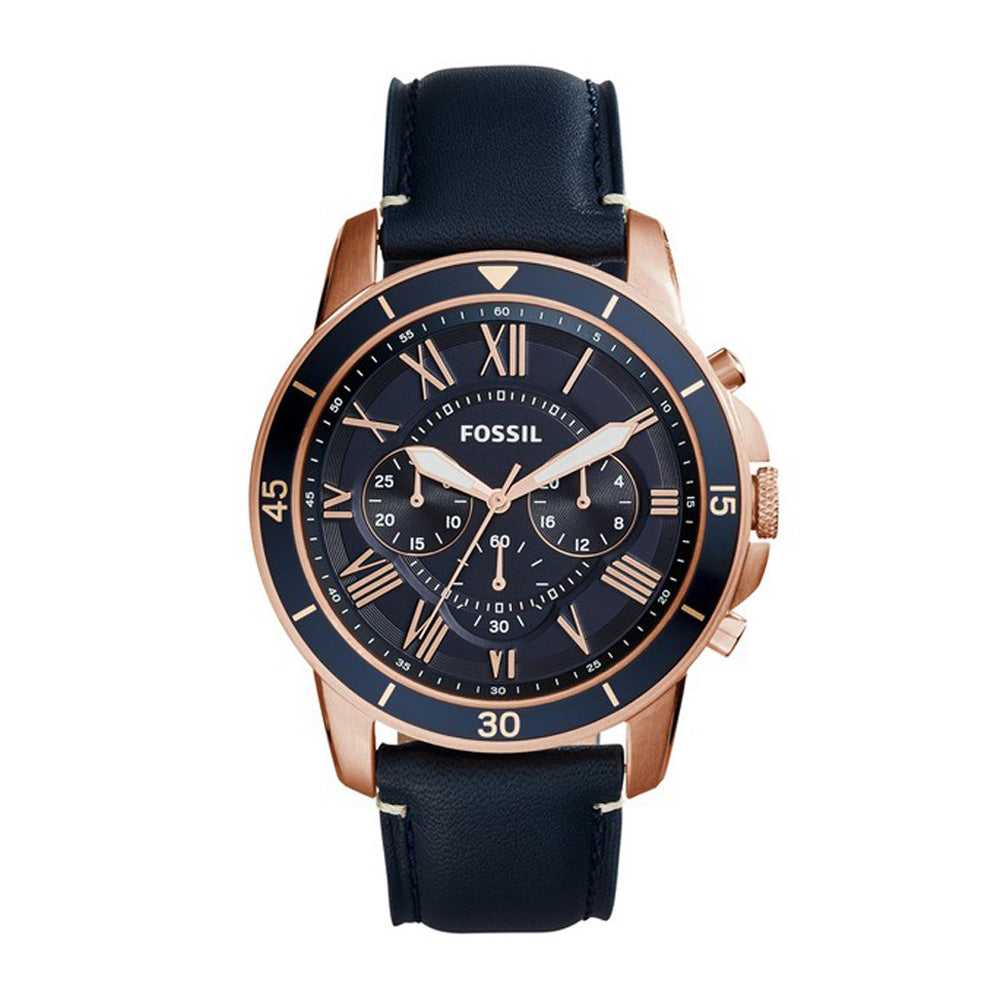 FOSSIL GRANT CHRONOGRAPH ROSE GOLD STAINLESS STEEL FS5237 BLUE LEATHER STRAP MEN'S WATCH - H2 Hub Watches