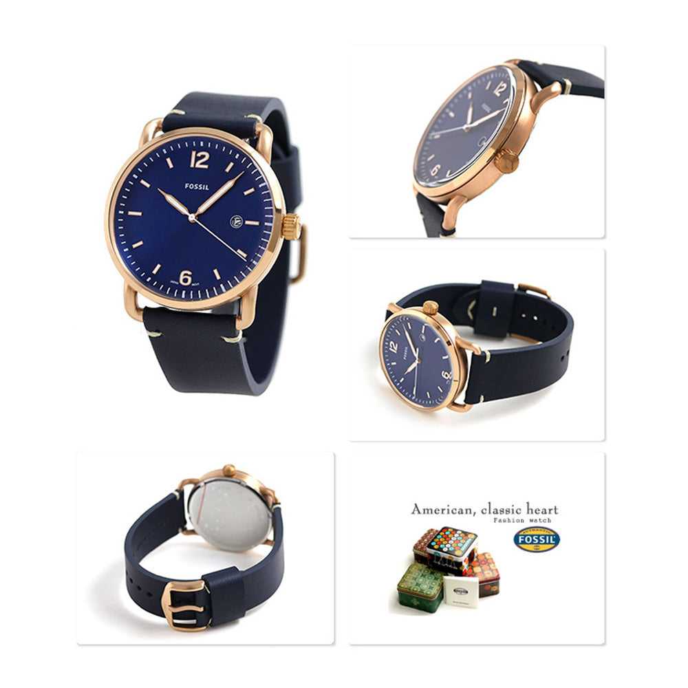 FOSSIL THE COMMUTER ANALOG QUARTZ ROSE GOLD STAINLESS STEEL FS5274 BLUE LEATHER STRAP MEN'S WATCH - H2 Hub Watches