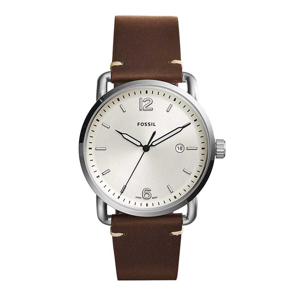 FOSSIL THE COMMUTER ANALOG QUARTZ SILVER STAINLESS STEEL FS5275 BROWN LEATHER STRAP MEN'S WATCH - H2 Hub Watches