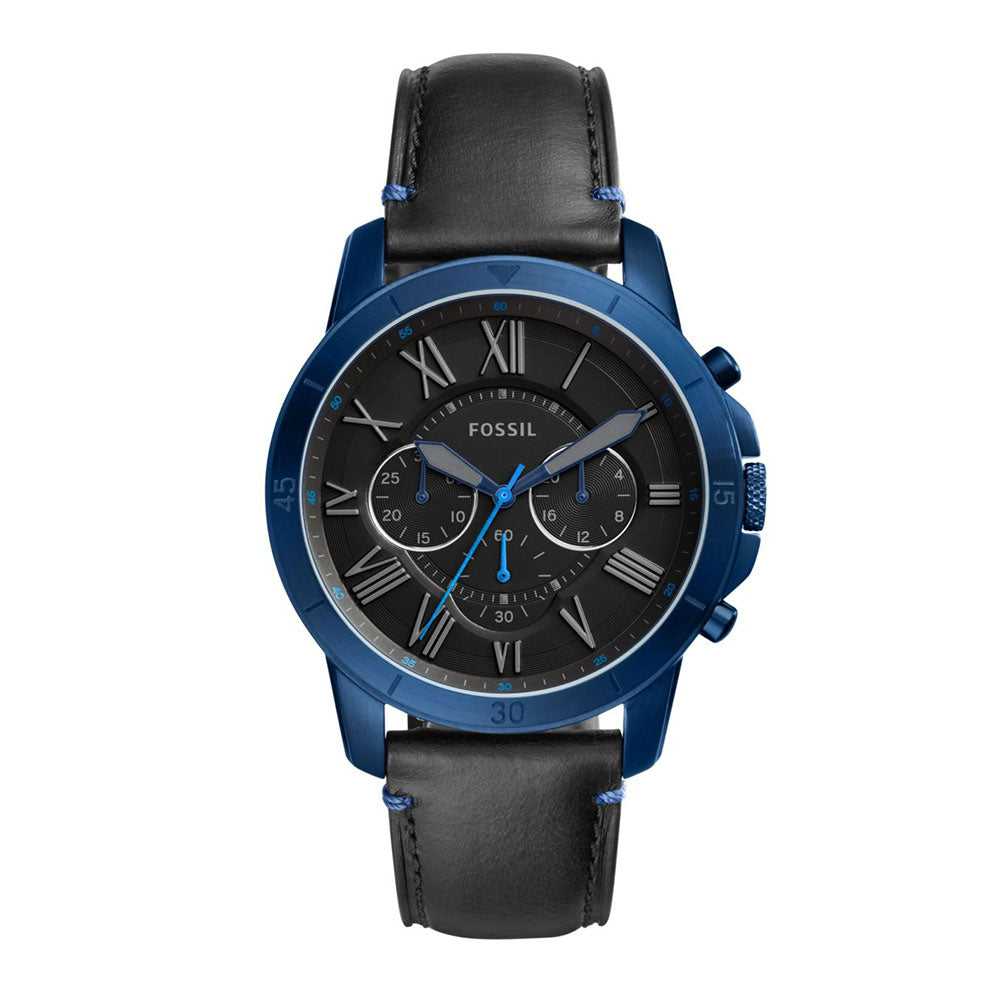 FOSSIL GRANT CHRONOGRAPH BLUE STAINLESS STEEL FS5342 BLACK LEATHER STRAP MEN'S WATCH - H2 Hub Watches