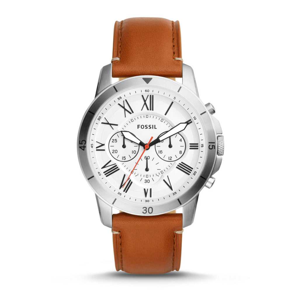 FOSSIL GRANT CHRONOGRAPH SILVER STAINLESS STEEL FS5343 BROWN LEATHER STRAP MEN'S WATCH - H2 Hub Watches