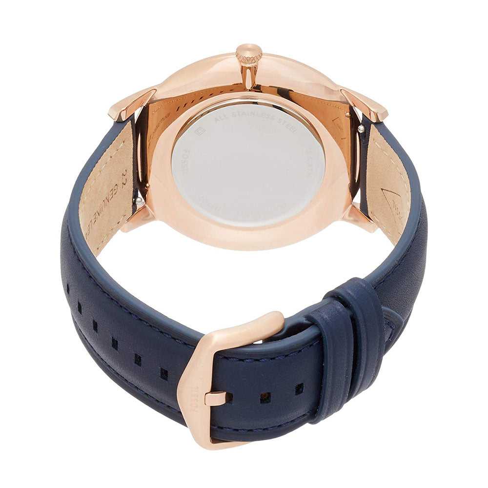 FOSSIL MINIMALIST ANALOG QUARTZ ROSE GOLD STAINLESS STEEL FS5371 BLUE LEATHER STRAP MEN'S WATCH - H2 Hub Watches